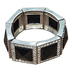 Stretch Bracelet, Silver Tone, Black Squares, and Crystals. New.